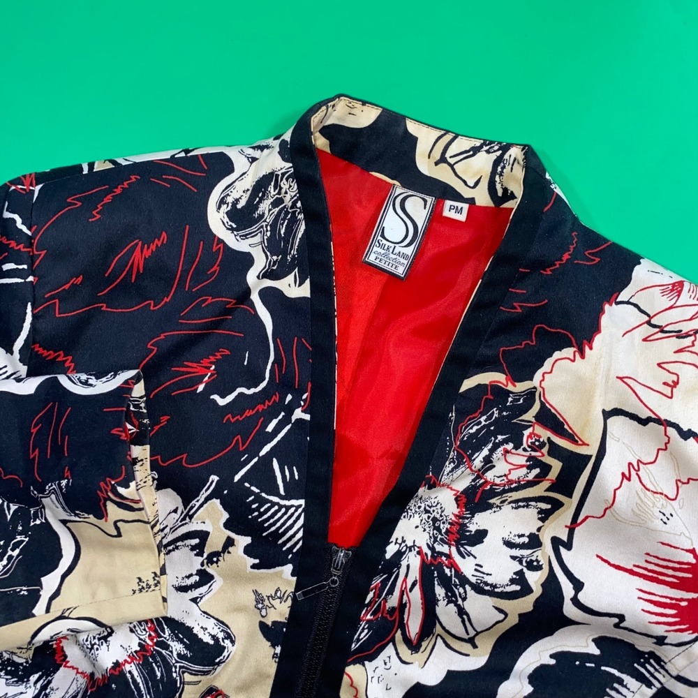 Silk Land Collection Petite Jacket Floral‎ Print Black Red Beige Zipper